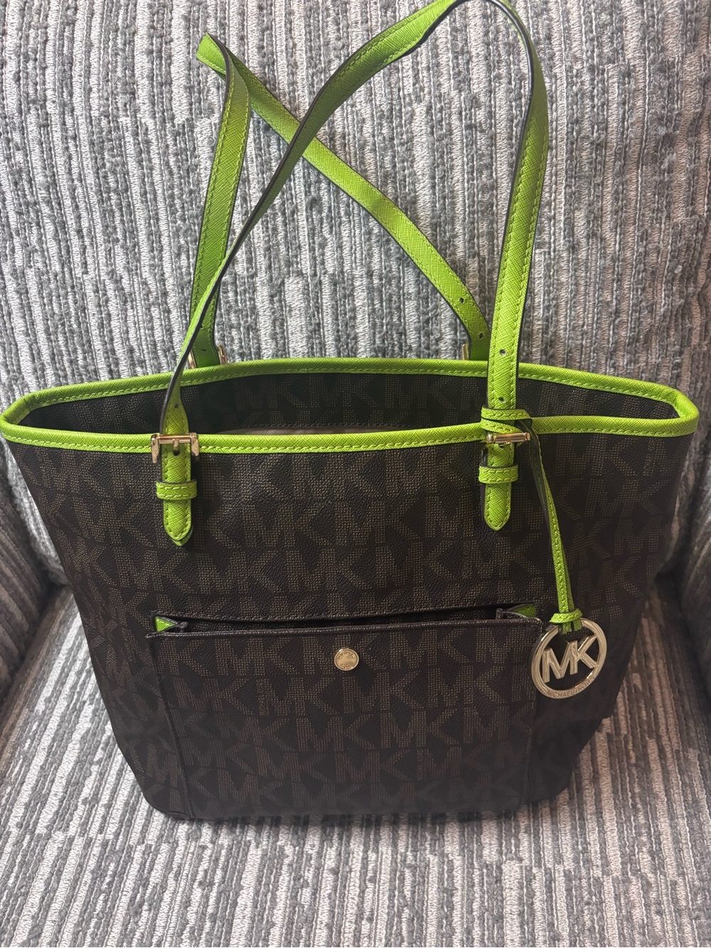 Michael Kors Brown MK Logo Tote with Lime Green Trim